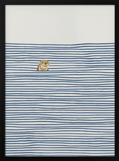A minimalist illustration in a black frame featuring a cute, smiling otter peeking its head out of stylized water made of wavy, horizontal blue stripes on an off-white background. Decor
