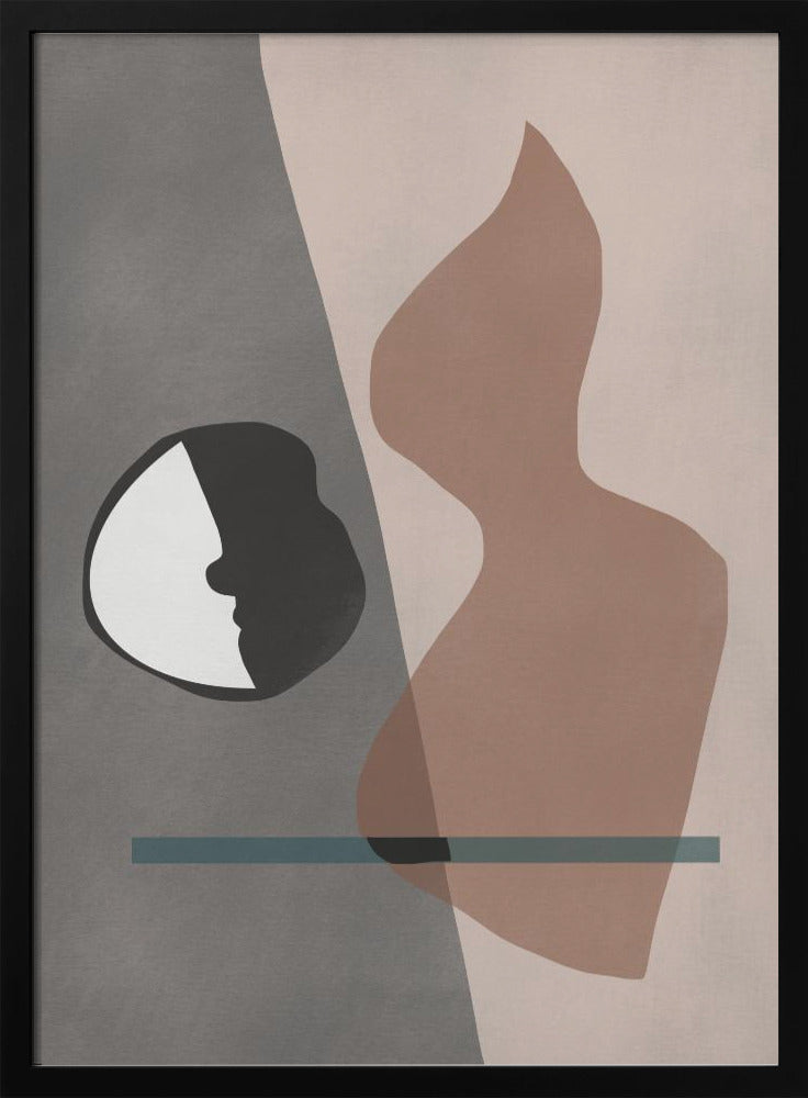 A modern abstract artwork in a black frame, featuring a composition of layered shapes in muted tones. The background is split between gray and pale pink, with a black and white circular element showing a face profile, a large translucent brown organic shape, and a horizontal teal line. Decor