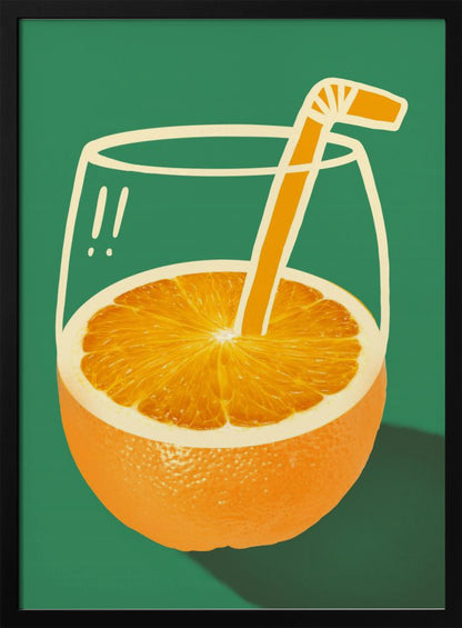 A surrealist pop-art style illustration of an orange fruit that doubles as a glass of orange juice. The bottom half is a photorealistic orange, while the top half is a simple white line drawing of a glass. An orange-colored cartoon straw sticks out from the center of the orange. The entire image is set against a solid dark green background. Decor