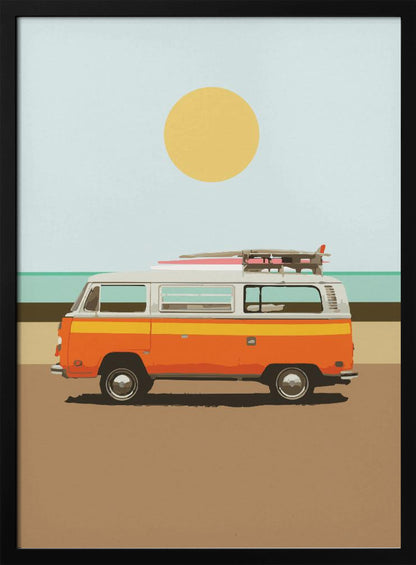 A minimalist art print of a vintage orange and white camper van parked on a sandy beach. Surfboards are strapped to the roof, and in the background, the ocean meets a light blue sky with a large yellow sun. Decor