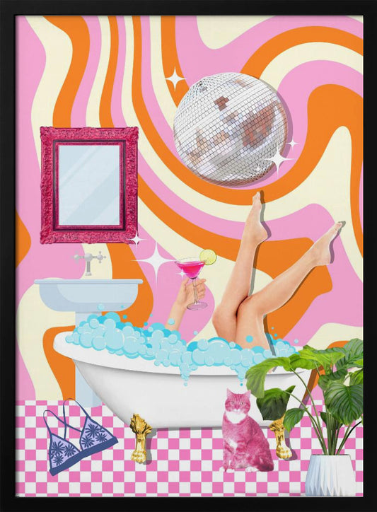 A funky, retro-style collage of a bathroom scene. A woman's legs are up in the air out of a bubble bath while she holds a pink cocktail. A disco ball hangs above, against a psychedelic background of wavy pink, orange, and cream stripes. A pink cat sits on the pink and white checkered floor next to the tub. Decor