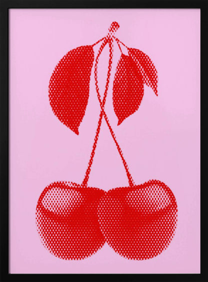 A pop art style print of two bright red cherries with stems and leaves, rendered in a halftone dot pattern against a solid light pink background, enclosed in a simple black frame. Wall Art