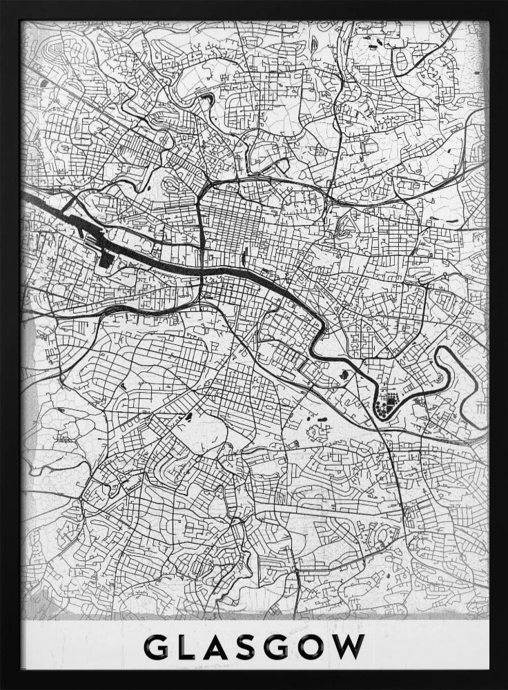 A minimalist black and white art print of a Glasgow city map, featuring a detailed network of streets and the River Clyde, all enclosed in a simple black frame. The city name 'GLASGOW' is displayed in bold at the bottom. Wall Art
