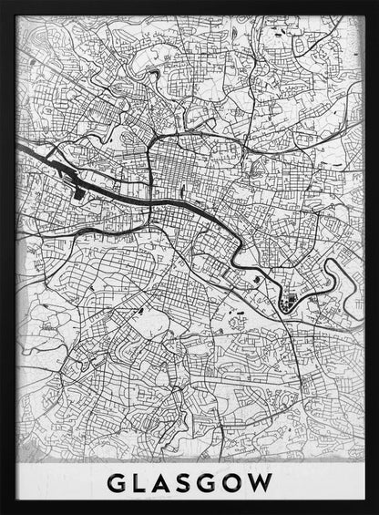 A minimalist black and white art print of a Glasgow city map, featuring a detailed network of streets and the River Clyde, all enclosed in a simple black frame. The city name 'GLASGOW' is displayed in bold at the bottom. Wall Art