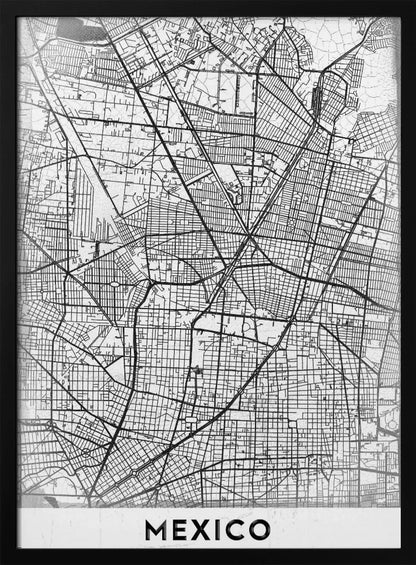 A modern, minimalist black and white art print of a street map of Mexico City, enclosed in a simple black frame. The intricate road network is depicted with black lines on a textured white background. The word 'MEXICO' is printed in bold, black capital letters at the bottom. Print