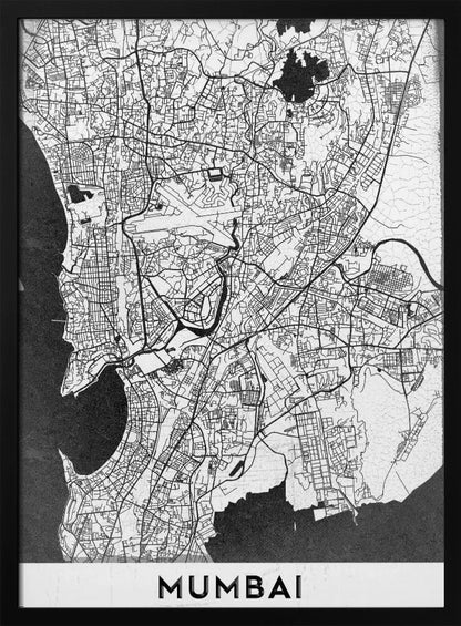 A minimalist black and white framed map of Mumbai. The city's intricate road network is depicted in black lines on a white background, with surrounding water bodies shown in a textured dark grey. The name 'MUMBAI' is in bold, uppercase letters at the bottom. Print
