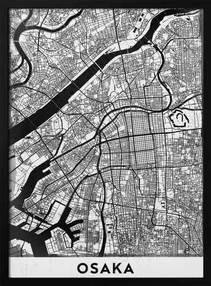 A framed black and white map of Osaka, Japan. The map details the city's streets, blocks, and rivers in a modern, graphic style. At the bottom, a white border contains the word 'OSAKA' in a bold, black, sans-serif font. Print
