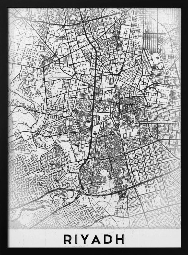 A minimalist, black and white framed poster of a city map of Riyadh. The map details the intricate network of streets and city blocks in black lines on a textured, light gray background. At the bottom, the word 'RIYADH' is printed in a bold, black, sans-serif font. Wall Art