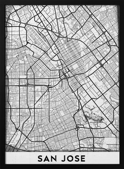 A minimalist black and white street map of San Jose, California, presented as a framed poster. The map details the city's grid, highways, and roads in black lines on a slightly textured white background. The text 'SAN JOSE' is written in a bold, black, sans-serif font at the bottom. Wall Art
