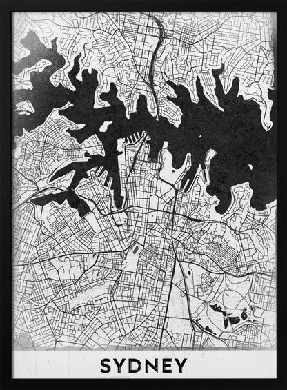 A modern black and white framed art print of a city map of Sydney, Australia. The water bodies are shown in solid textured black, while the land is depicted with a detailed white street grid. At the bottom, the word 'SYDNEY' is printed in bold capital letters. Poster