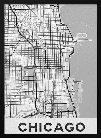 A minimalist black and white map of Chicago, presented vertically. The map shows the city's grid system, highways, and waterways, with Lake Michigan to the right. The word 'CHICAGO' is in a bold, sans-serif font at the bottom, all enclosed within a thin black frame. Poster