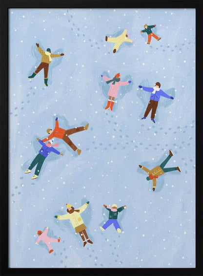 An overhead view illustration of several people, both adults and children, lying in the snow making snow angels. They are all wearing colorful winter clothes, and light snow is falling against a pale blue background. Footprints are visible in the snow between the figures. Artwork