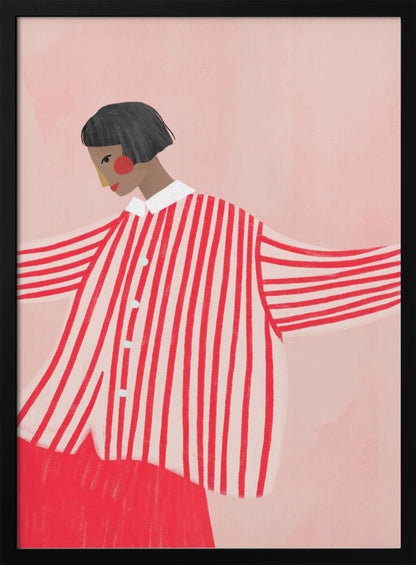 A stylized illustration of a person with a short black bob haircut, wearing an oversized, vertically striped red and white shirt. They are looking down and to the side against a solid light pink background, with their arms outstretched. Artwork