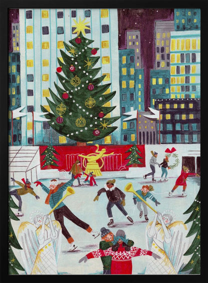 A festive, colorful painting of a bustling city ice rink at Christmas, with a giant decorated tree towering over skaters against a backdrop of illuminated skyscrapers at night. Print