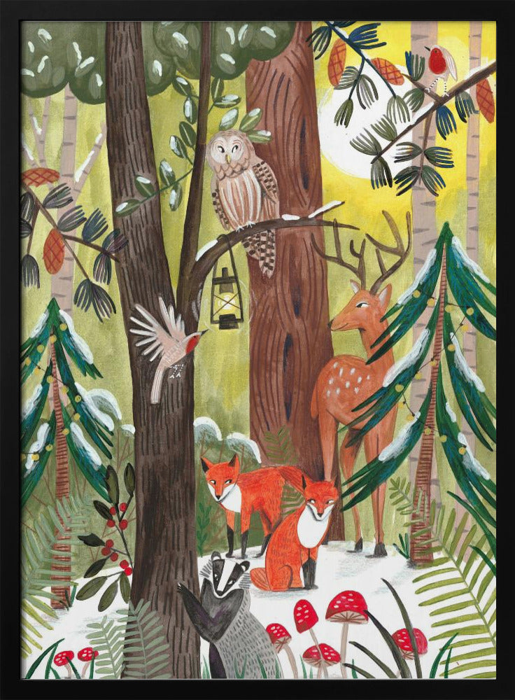 Green Christmas forest with animals - Poster / Art Print