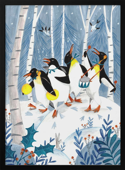 A whimsical painting of four penguins joyfully parading and playing music in a snowy winter forest. One penguin plays a drum, another shakes maracas, and two others sing, surrounded by birch trees, holly, and a small rabbit. Decor