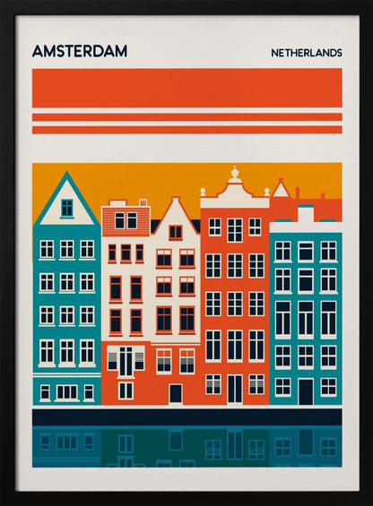 A minimalist travel poster for Amsterdam, Netherlands, featuring a stylized illustration of colorful canal houses in orange, teal, and off-white. The buildings are set against an orange sky and reflected in a dark blue canal below, with the text 'AMSTERDAM' and 'NETHERLANDS' at the top. Decor
