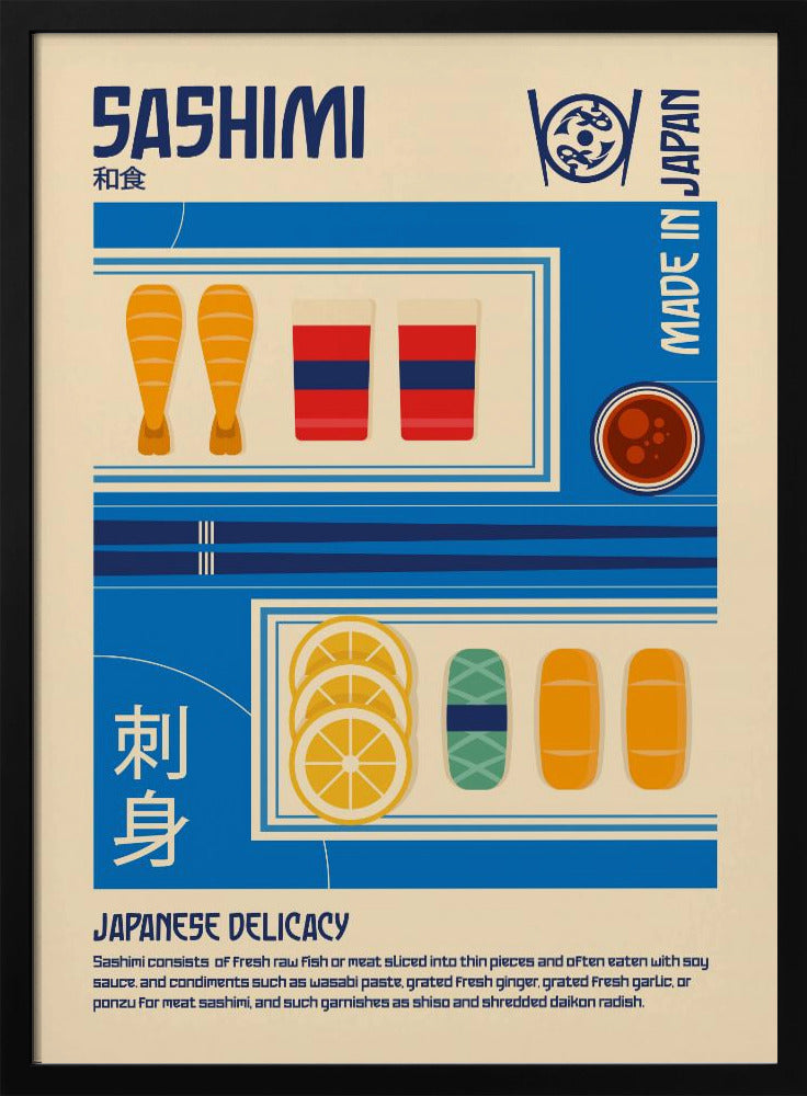 A vintage-style illustrated poster about Sashimi. The poster has a cream background with blue graphic blocks and text. It features illustrations of shrimp, fish slices, lemon, and soy sauce, along with the words 'SASHIMI', 'JAPANESE DELICACY', and 'MADE IN JAPAN'. Decor