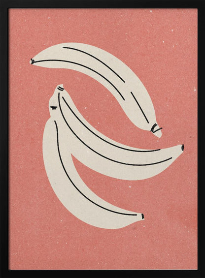 A minimalist illustration of three off-white bananas with black line details, arranged against a textured dusty rose background, all within a thin black frame. Print
