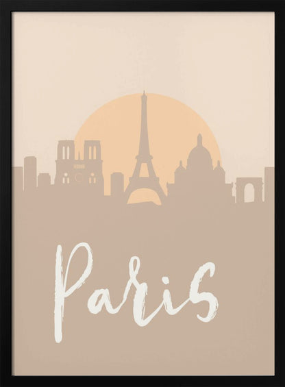A minimalist art print of the Paris skyline in muted tan and beige tones. Silhouettes of the Eiffel Tower and other landmarks stand before a large, pale orange sun. The word 'Paris' is written in a white, flowing script in the foreground. Artwork