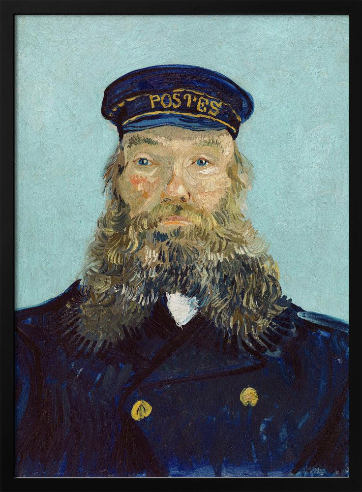 A post-impressionist portrait painting of a man with a long, thick beard wearing a dark blue postman's uniform and cap against a solid light blue background. The painting, by Vincent van Gogh, is characterized by its bold colors and visible brushstrokes. Decor