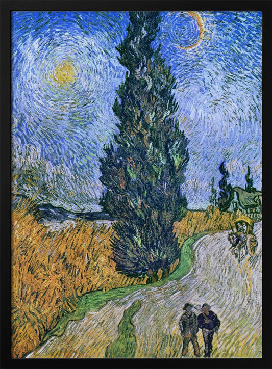 A framed print of Vincent van Gogh's painting 'Wheat Field with Cypresses.' The artwork features a towering, dark green cypress tree at the center, a golden yellow wheat field on the left, and a winding path with two figures and a horse-drawn cart. The sky is a dramatic swirl of blues, with a bright yellow sun and a crescent moon. Artwork
