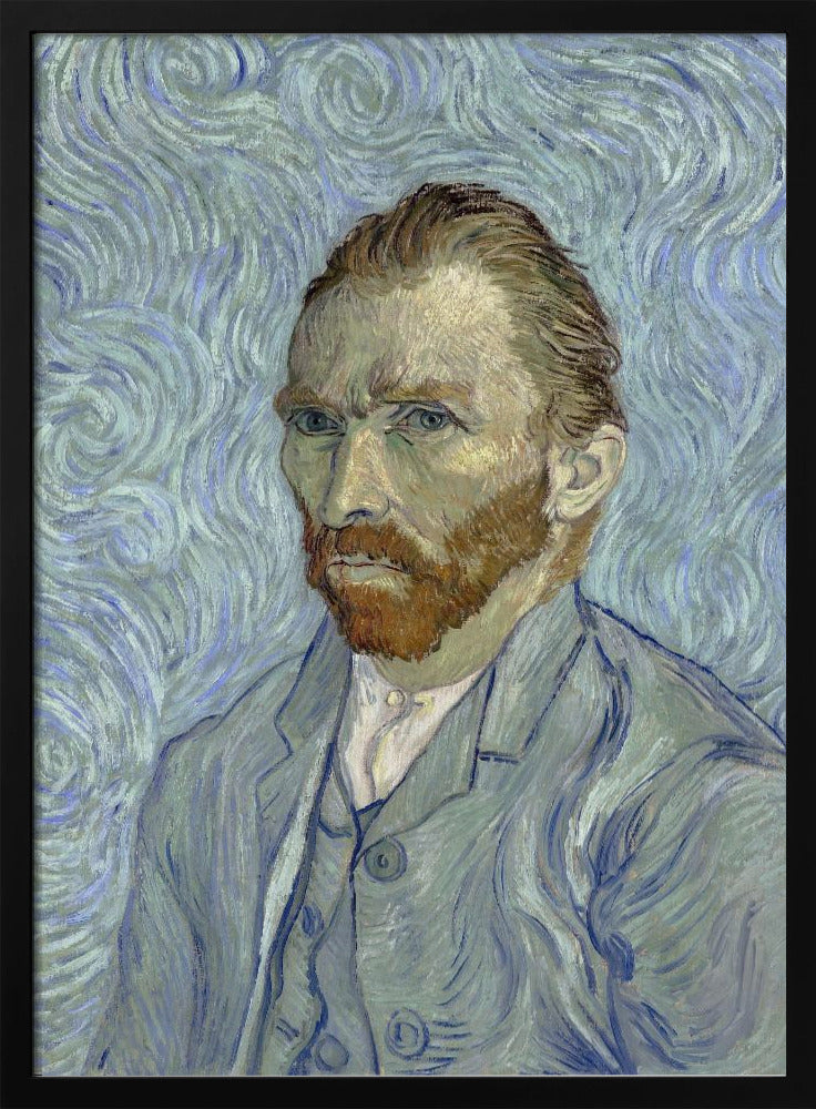 A framed post-impressionist self-portrait by Vincent van Gogh. He is depicted with a stern gaze, reddish hair and beard, and wearing a blue suit against a swirling light blue and white background, all rendered with thick, expressive brushstrokes. Print