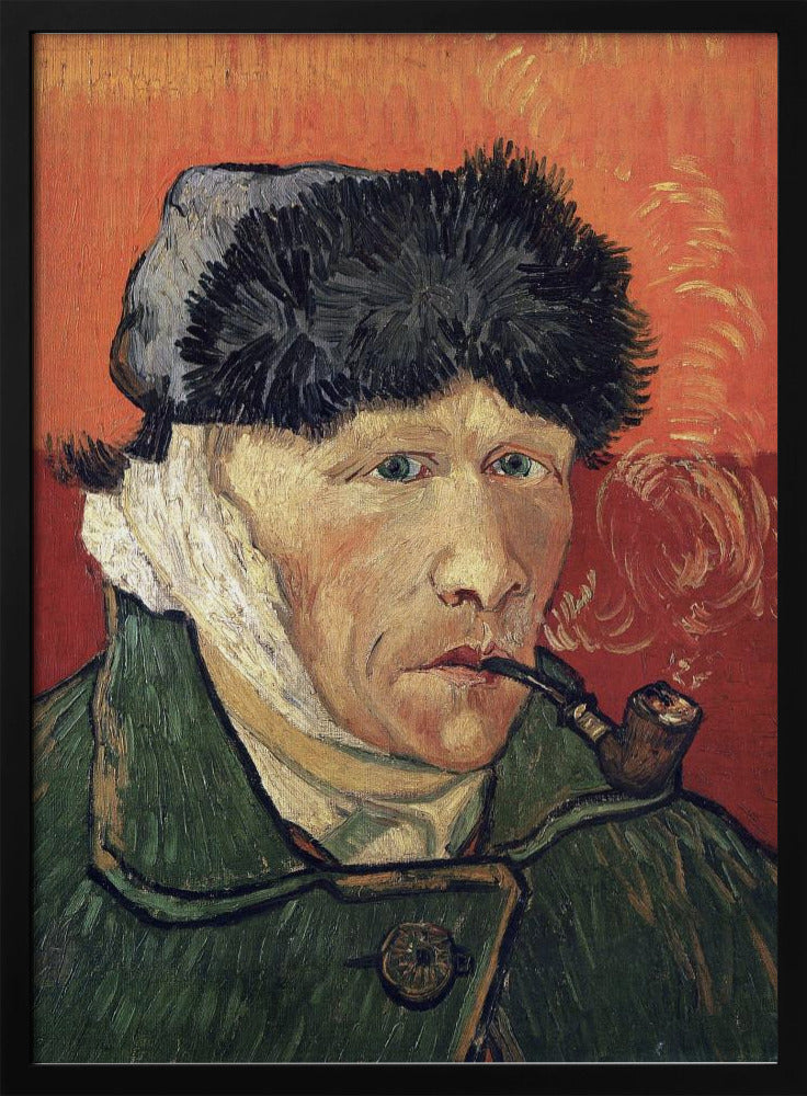 Vincent van Gogh's 'Self-Portrait with Bandaged Ear and Pipe', showing the artist in a green coat and dark hat, with a bandage on his ear, smoking a pipe against a bright red-orange background. Wall Art