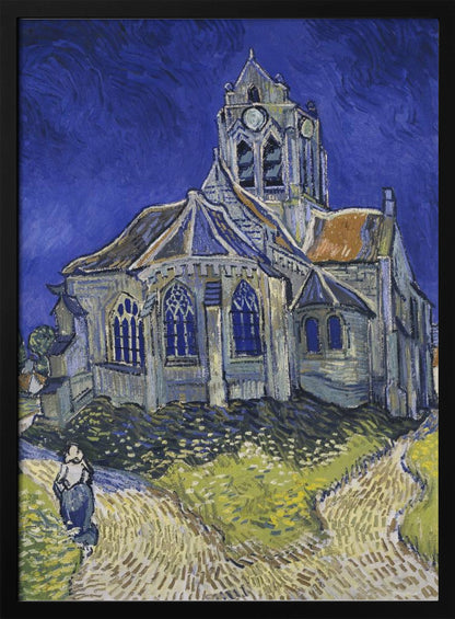 A post-impressionist painting by Vincent van Gogh, 'The Church at Auvers.' The artwork features a large, slightly distorted church under a turbulent, deep blue sky. A lone figure of a woman walks on a path in the foreground, which is rendered in strokes of green, yellow, and earth tones, typical of Van Gogh's expressive style. Artwork