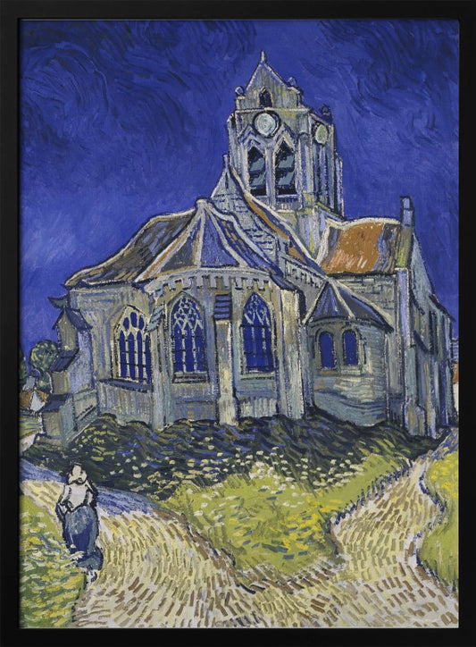 A post-impressionist painting by Vincent van Gogh, 'The Church at Auvers.' The artwork features a large, slightly distorted church under a turbulent, deep blue sky. A lone figure of a woman walks on a path in the foreground, which is rendered in strokes of green, yellow, and earth tones, typical of Van Gogh's expressive style. Artwork