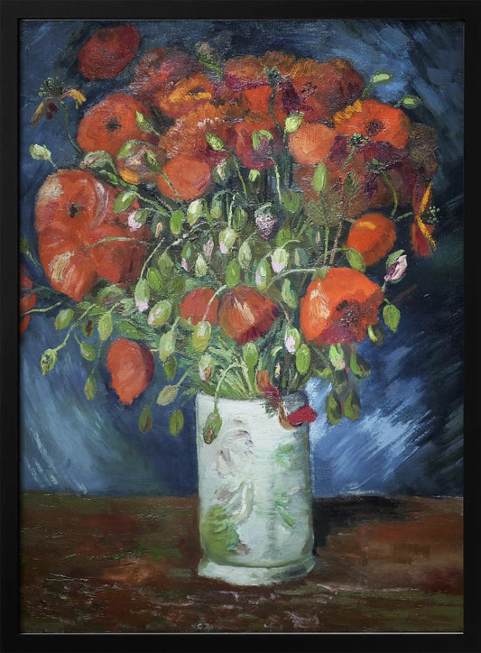 An impressionist-style oil painting of a vibrant bouquet of red and orange poppies in a white patterned vase, set against a dark blue and brown background, enclosed in a simple black frame. Artwork
