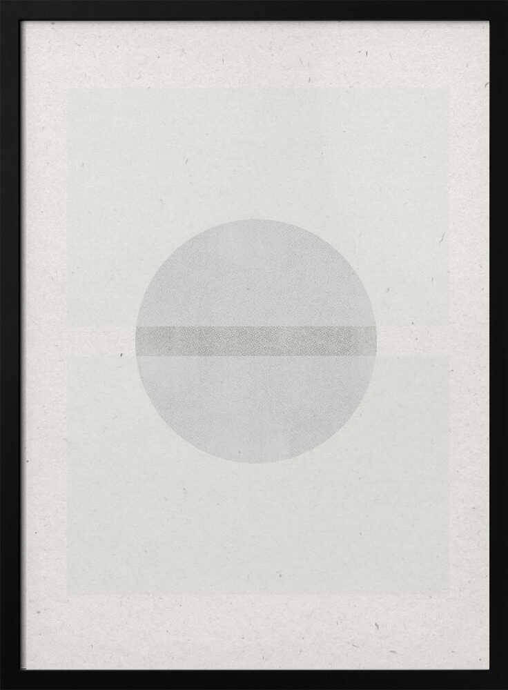 Minimalist geometric art featuring a grey circle crossed by a darker grey stripe on a textured off-white paper.