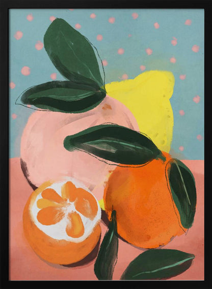 A colorful, painterly still life of various citrus fruits, including a vibrant orange, a halved orange, a pink grapefruit, and a yellow lemon, all with dark green leaves. The background features a peachy-pink surface and a light blue wall with pink polka dots. Artwork