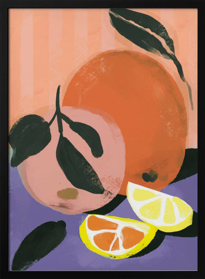 A modern still life painting of citrus fruits. The composition includes a large orange, a smaller pink grapefruit, and two sliced wedges of lemon and orange. The fruits rest on a purple surface against a vertically striped peach and pink background, rendered in a bold, painterly style. Decor