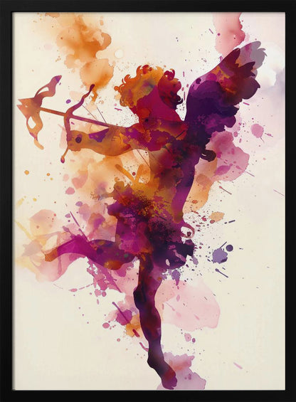 A vibrant watercolor painting of Cupid shown in silhouette. The figure of the winged god of love is filled with a blend of purple, pink, and orange hues, with splatters of paint creating a dynamic effect. He is aiming a bow and arrow, set against a plain off-white background and framed in black. Poster