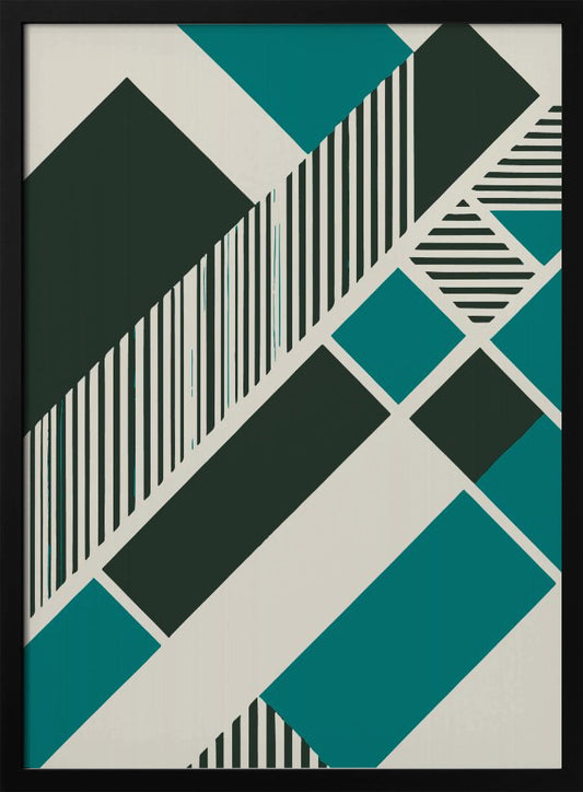 An abstract geometric artwork with a diagonal composition of shapes in dark green, teal, and off-white. Some shapes are filled with vertical and horizontal black and white stripes, creating a dynamic and modern visual. The entire piece is framed in black. Print