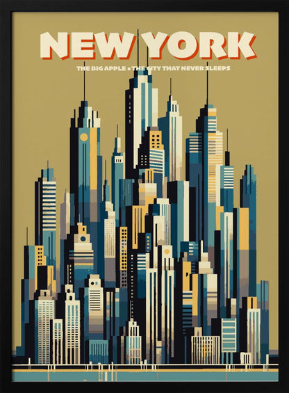A vintage-style travel poster depicting the New York City skyline. The illustration uses a geometric, minimalist style with a color palette of blues, yellows, and off-white against a muted green sky. The words 'NEW YORK' are featured prominently at the top, with 'THE BIG APPLE • THE CITY THAT NEVER SLEEPS' underneath. Decor