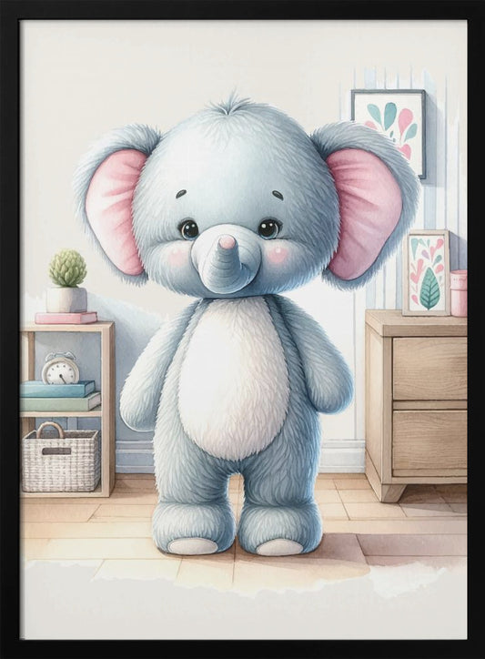 A watercolor illustration of a cute, fluffy, light blue stuffed elephant with large pink ears and a white tummy, standing in a brightly lit child's room. Artwork