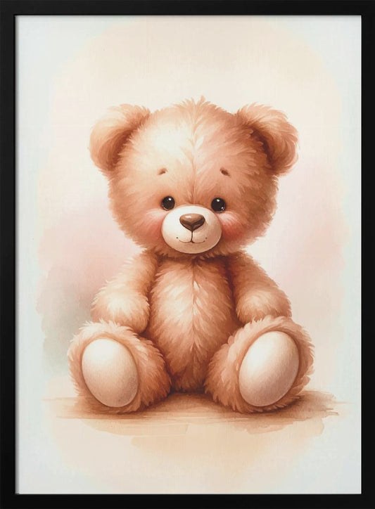 A framed watercolor illustration of a cute, fluffy, light brown teddy bear. The bear is sitting and looking forward with large, glossy black eyes and a gentle smile. It has rosy cheeks and a soft texture, set against a pale, off-white background with a hint of pink. Artwork