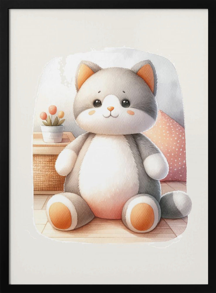 A framed watercolor illustration of a chubby, gray and white stuffed cat sitting on the floor. The cat has cute orange cheeks, ears, and paws. In the background is a small plant and a pink polka dot pillow. Poster