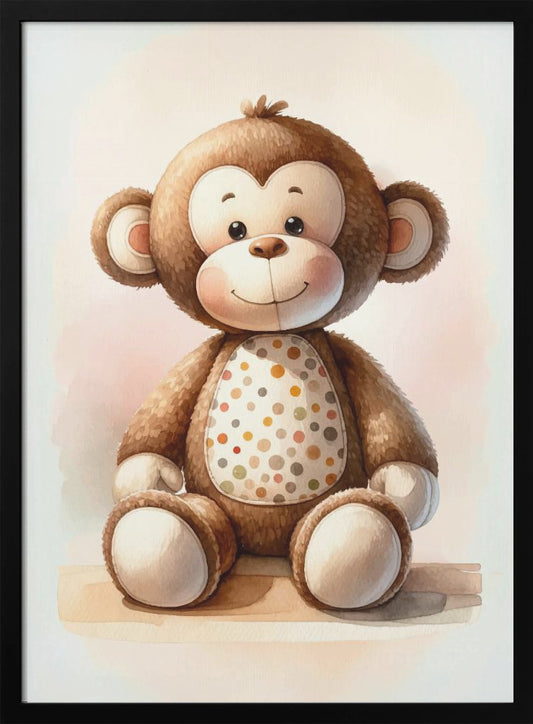 A watercolor painting of a cute, fluffy brown stuffed monkey sitting down. The monkey has a friendly smile, a cream-colored face and belly, and its belly is decorated with colorful polka dots. The illustration is set against a soft, light pink and white background and framed in black. Artwork