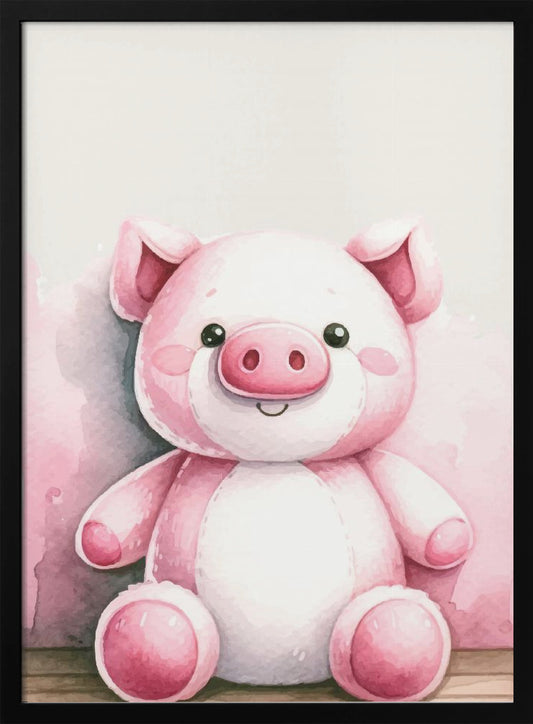 A watercolor illustration of a cute, smiling pink pig stuffed animal sitting against a light background. The pig has a round body, a white belly, and large, dark eyes, rendered in a soft, gentle style suitable for nursery decor. The image is shown within a black frame. Decor