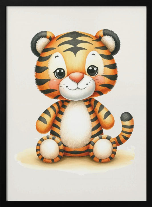 A watercolor-style illustration of a cute, cartoon baby tiger sitting down. The tiger has orange fur with black stripes, a white muzzle and belly, large black eyes, and rosy cheeks. It is smiling and looking directly at the viewer, framed by a thin black border against a white background. Decor