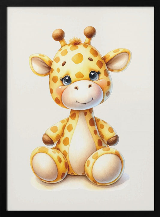 A framed watercolor-style illustration of an adorable baby giraffe sitting down. The giraffe is yellow with orange spots, has large, sparkling blue eyes, and is smiling gently against a soft white background. Poster