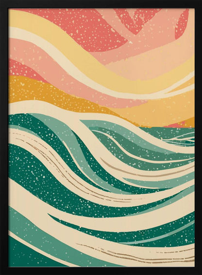 An abstract art print depicting stylized ocean waves in various shades of green and off-white. Above the waves, the sky is rendered in flowing bands of yellow, peach, and pink. The entire image has a speckled, retro texture and is enclosed in a thin black frame. Decor