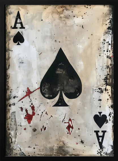 A framed piece of abstract art depicting the Ace of Spades. The painting has a distressed, grunge aesthetic with a smudged white and beige background, splattered with black ink and red paint resembling blood stains. Decor