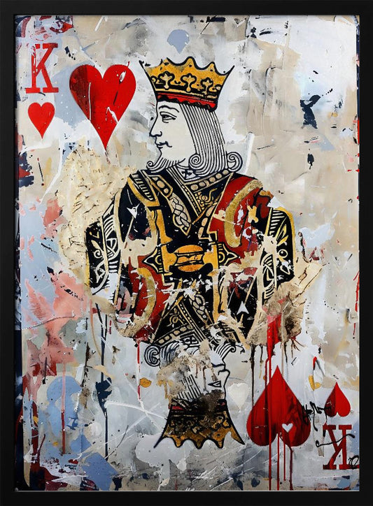 A modern abstract painting featuring the King of Hearts playing card. The artwork has a distressed, layered look with paint splatters, drips, and torn paper effects on a white and beige background. The king figure is centrally located, with red hearts and the letter 'K' in the corners. Artwork