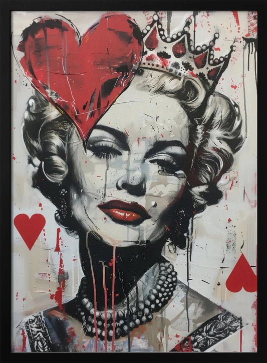 A modern pop art portrait of a glamorous woman, possibly Marilyn Monroe, in a black and white style with bold red accents. She wears a crown, and a large red heart covers one eye. The painting has a street art feel with paint splatters, drips, and stenciled heart suit symbols. Artwork
