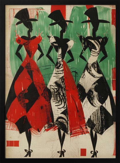 A vintage-style abstract illustration of three stylized female figures in a row. The figures are black silhouettes with large hats and full, patterned skirts. The woman on the left wears a red and black harlequin-patterned dress, while the other two wear black and white abstract-patterned dresses. The background is a textured green and off-white. Decor