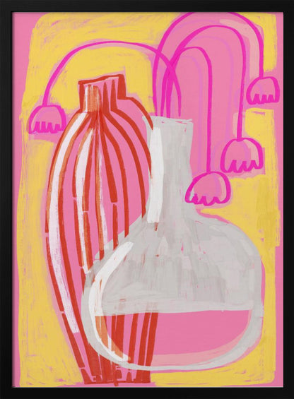 A vibrant abstract still life painting featuring two vases against a pink and yellow background. A tall, slender vase has vertical red and white stripes, while next to it sits a clear, round-bottomed flask filled with pink liquid. Stylized, drooping pink bell-shaped flowers on long stems are arranged behind the vases. Print